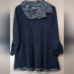 Soft Surroundings Sweater SZ PL Split Cowl Neck Marled Blue Comfy W/Pockets